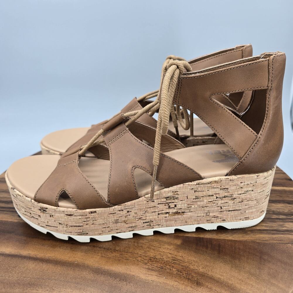Sorel Cameron Sandals Womens 10.5 Brown Leather Lace Up Wedge Platform Shoes - Picture 3 of 8